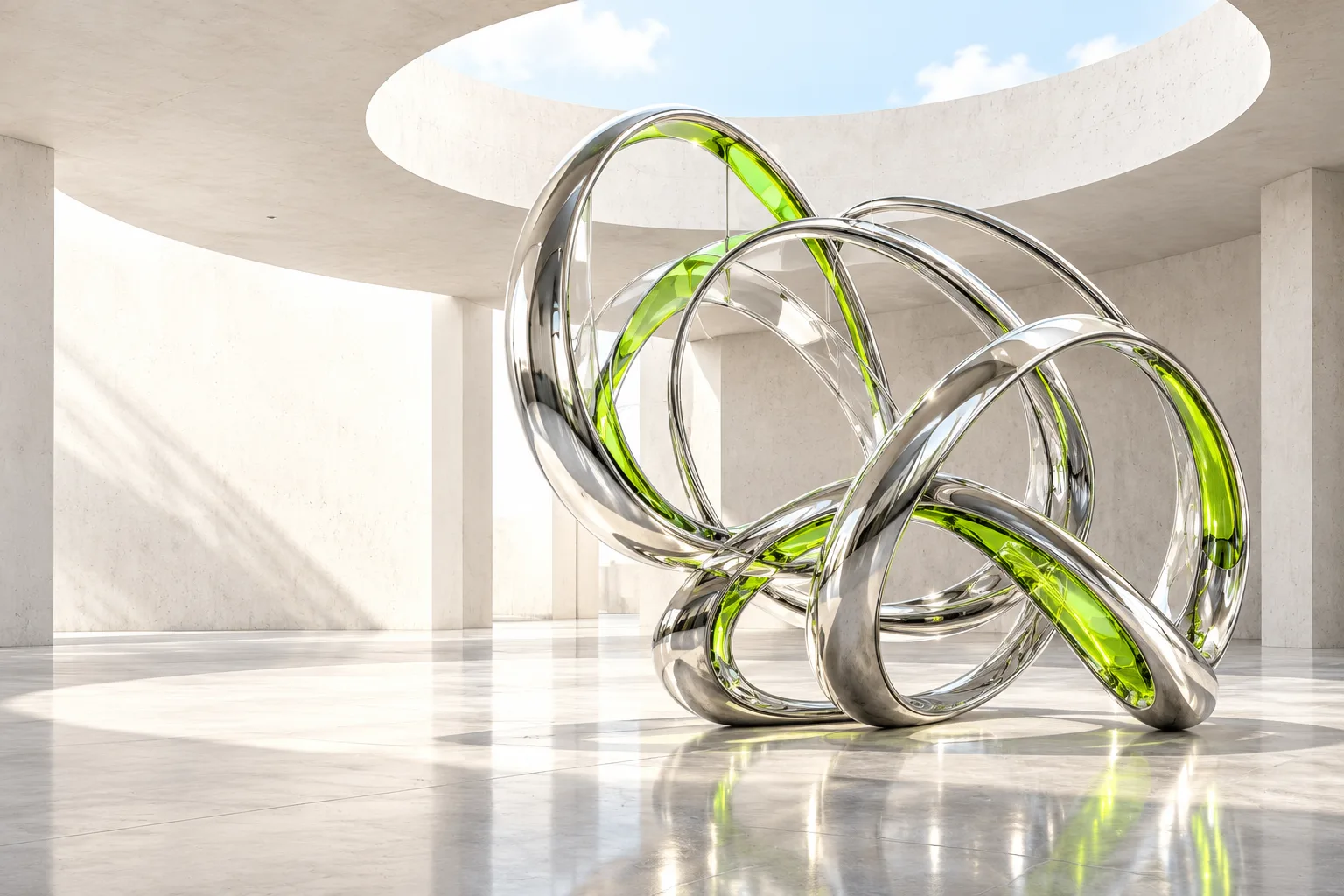 Interconnected chrome and lime loops in a sunlit architectural gallery, an illustration of our shared work.